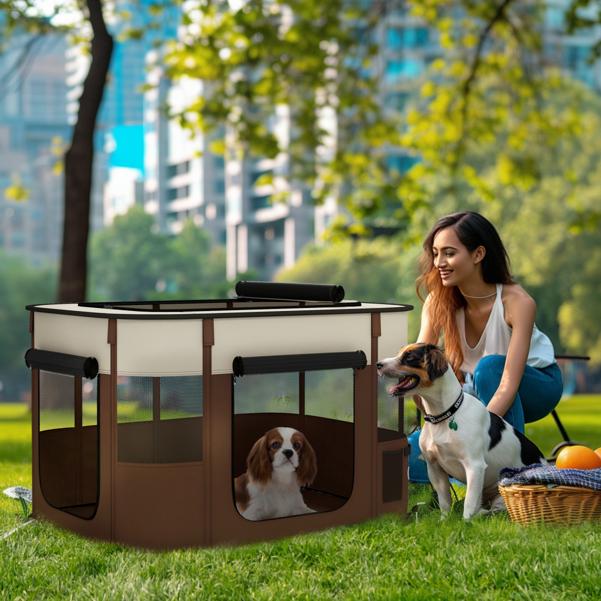 PawHut Portable Foldable Dog Pen for Puppies, Rabbits, Kittens, Guinea Pigs - Brown
