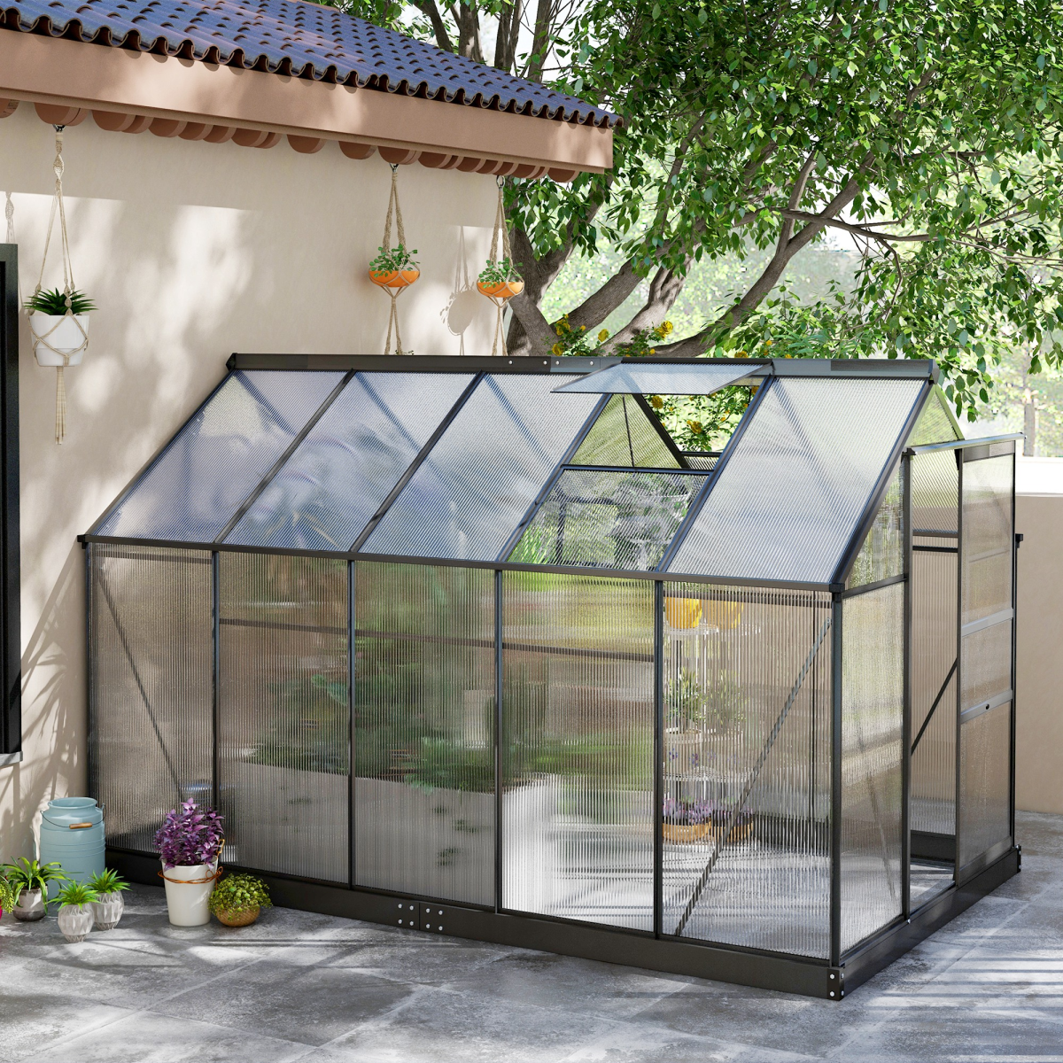 Outsunny Polycarbonate Walk-In Greenhouse with Aluminium Frame, 6 x 10 ft, Sliding Door