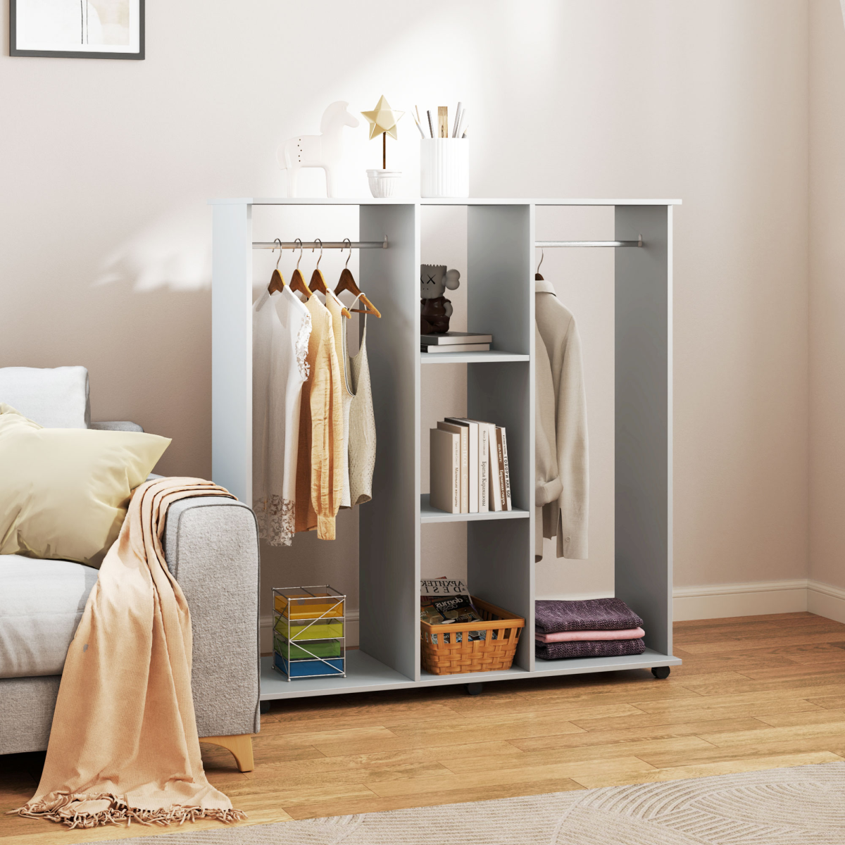 HOMCOM Mobile Double Open Wardrobe with Hanging Rails, Grey