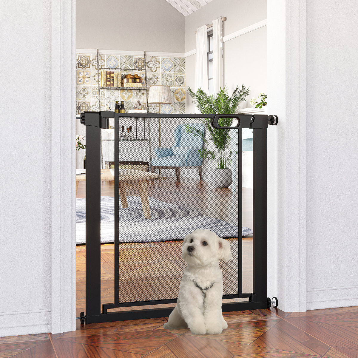 Pressure Fit Auto-Close Safety Gate for Stairs, Adjustable 75-82 cm, Black Pawhut