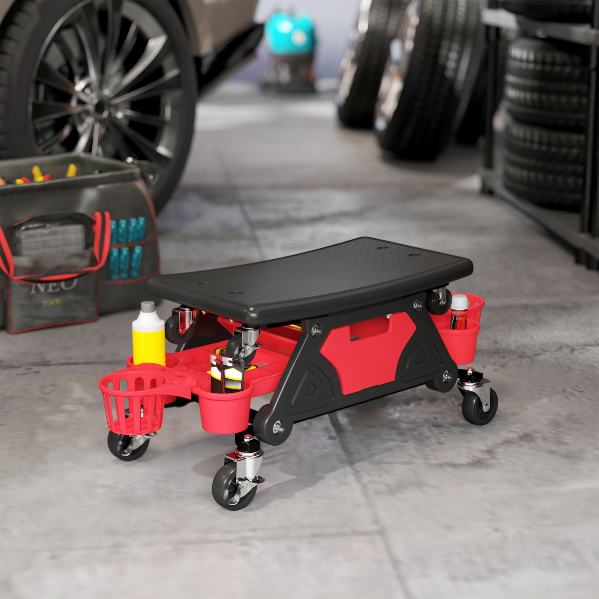 HOMCOM Rolling Mechanic Stool with Storage, 135kg Capacity, Red