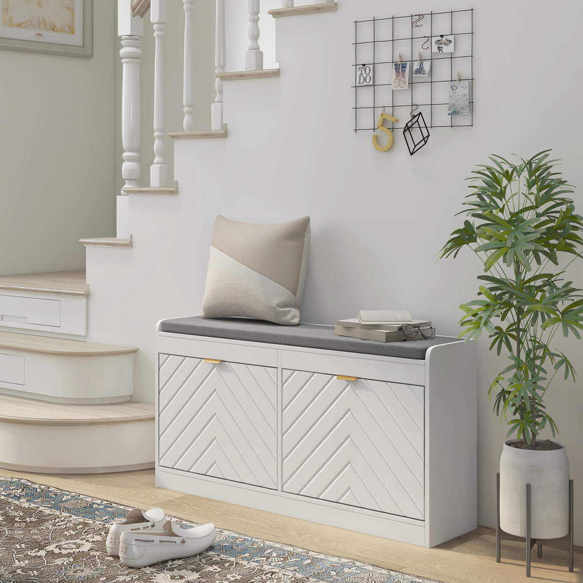 HOMCOM Shoe Bench with Cushioned Seat, 2 Flip Drawers, 8 Pairs, White