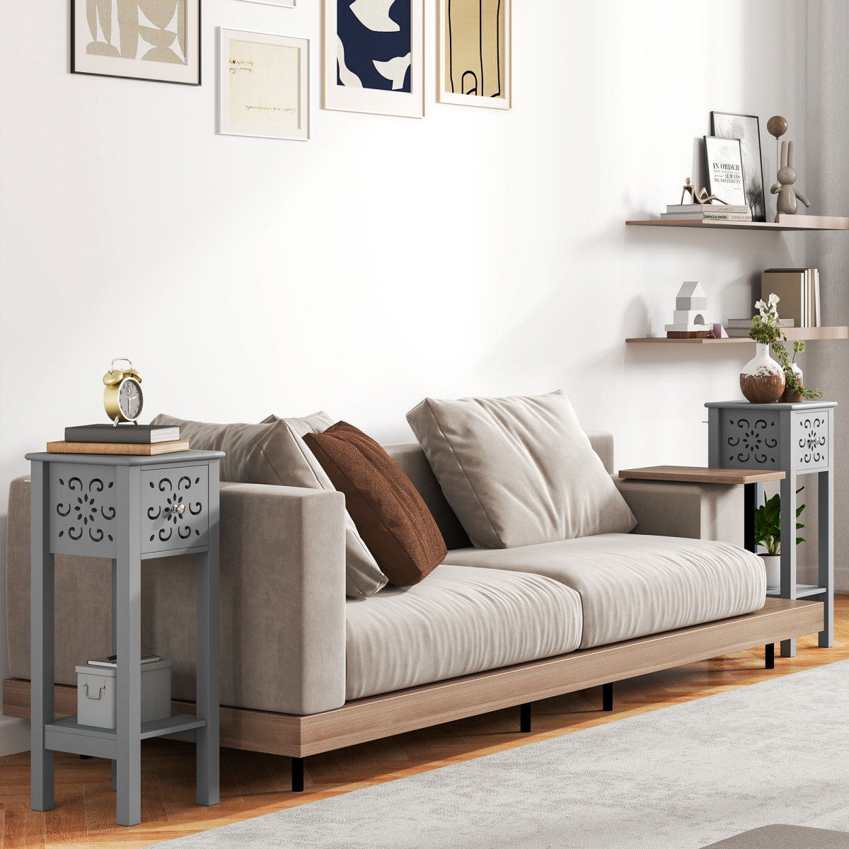 HOMCOM Set of 2 Grey MDF Floral Design Storage Units