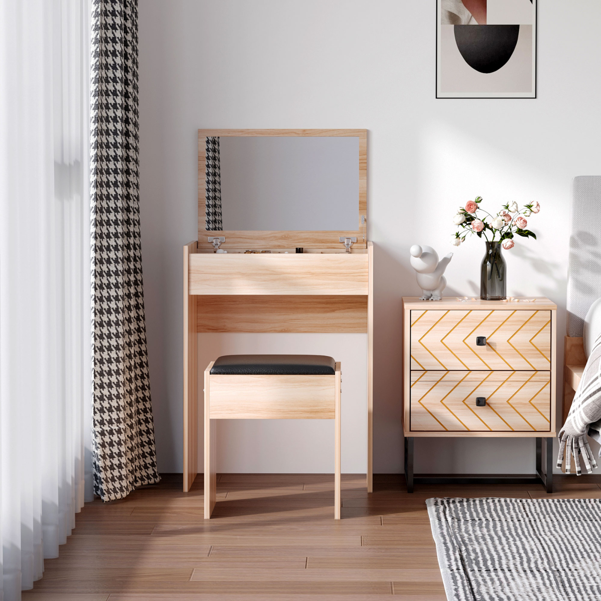 HOMCOM Dressing Table Set with Flip-Up Mirror, Stool, Hidden Storage and Writing Desk Function, Wood