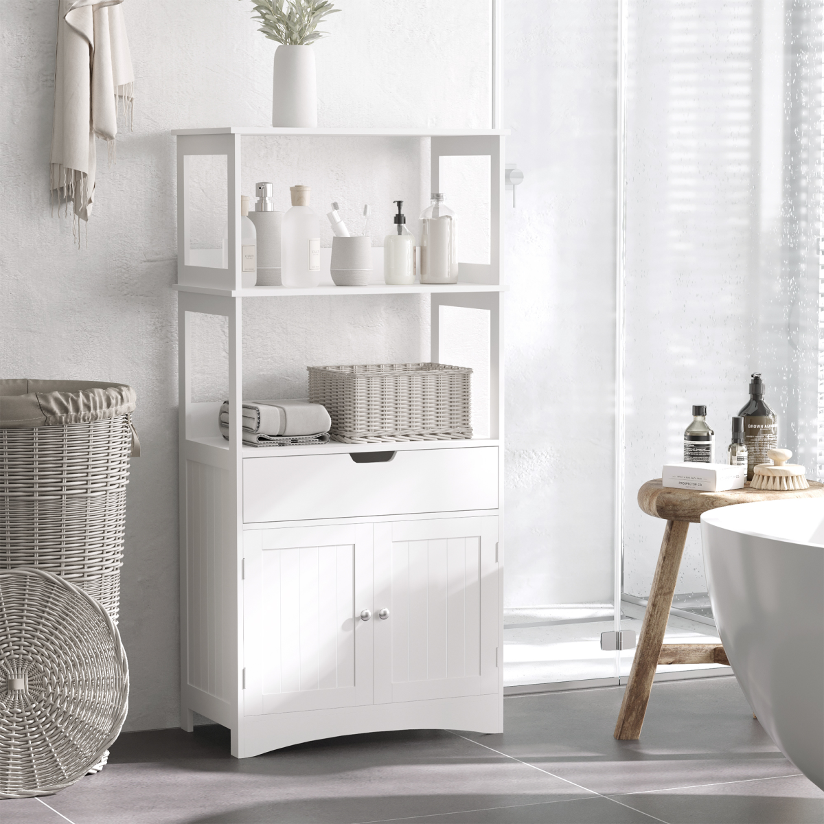 kleankin Bathroom Floor Storage Cabinet, Standing Unit with 2 Top Shelves, Drawer and Bottom Cupboard