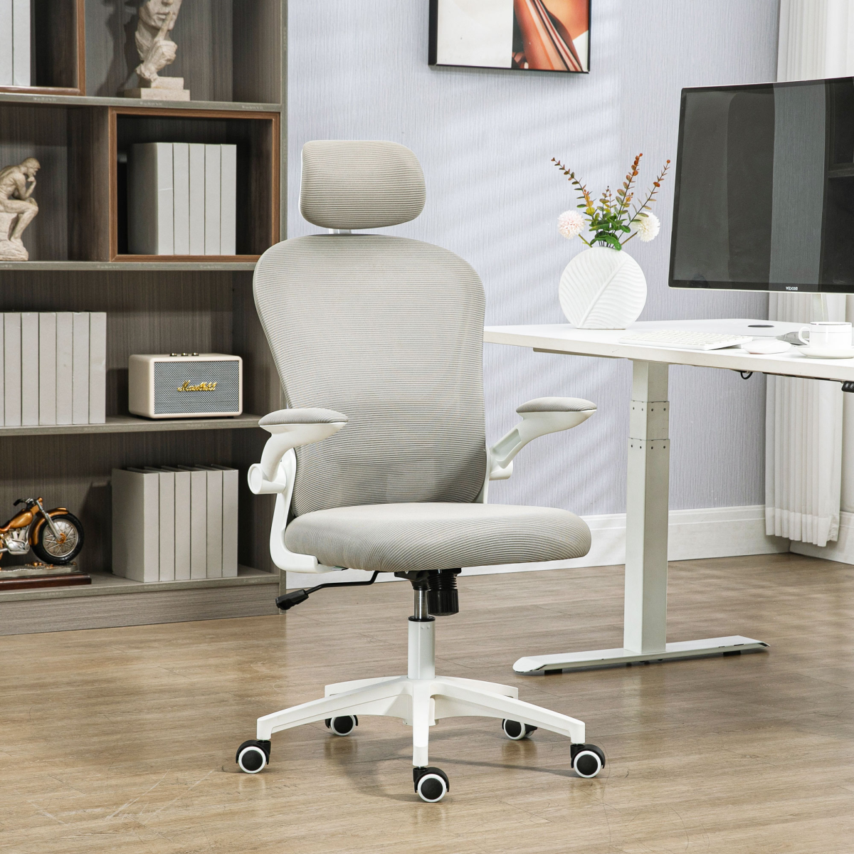 Vinsetto Grey Mesh Office Chair with Headrest, Adjustable Lumbar, Flip-Up Arms