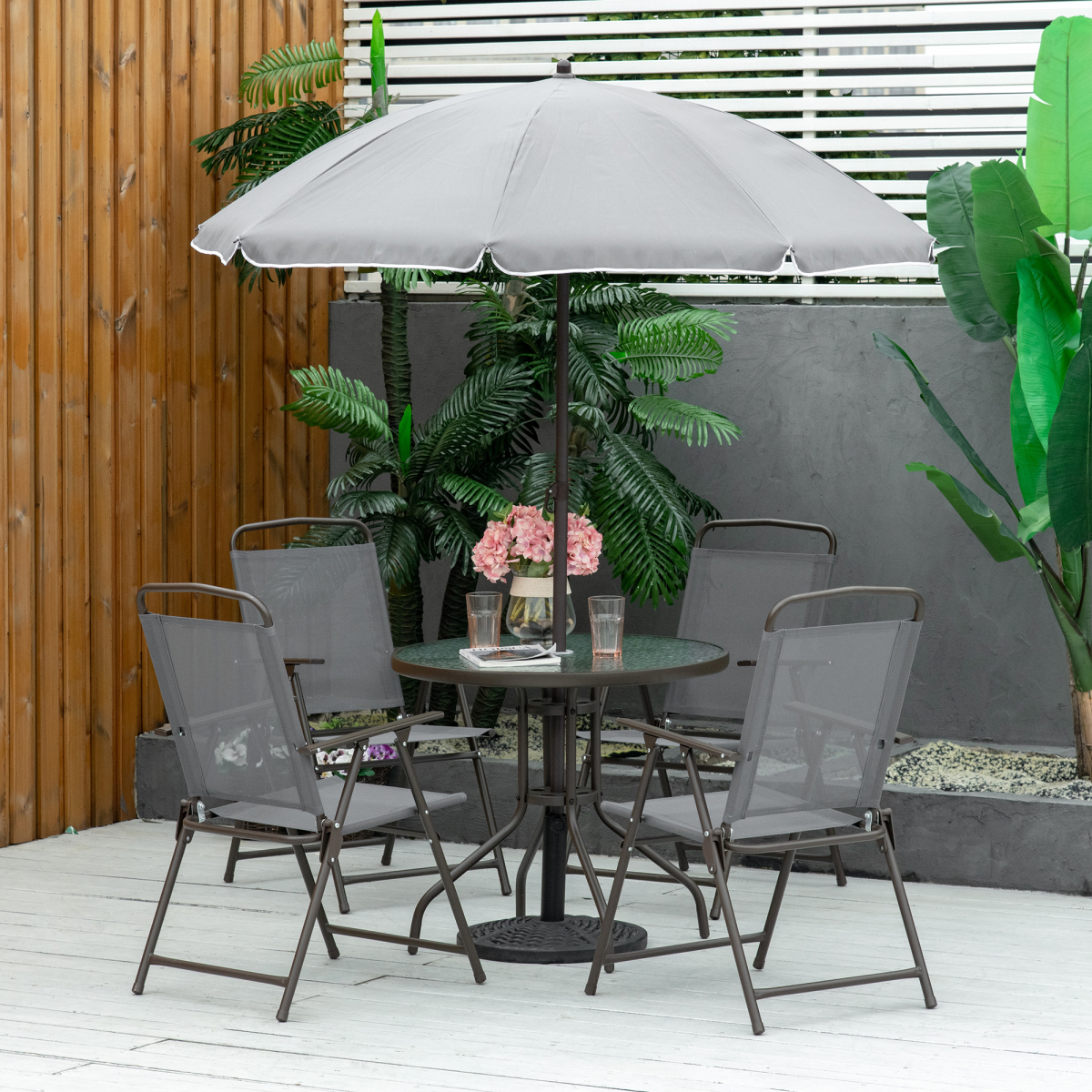 Outsunny 6-Piece Patio Dining Set with Umbrella, 4 Folding Chairs and Tempered Glass Table