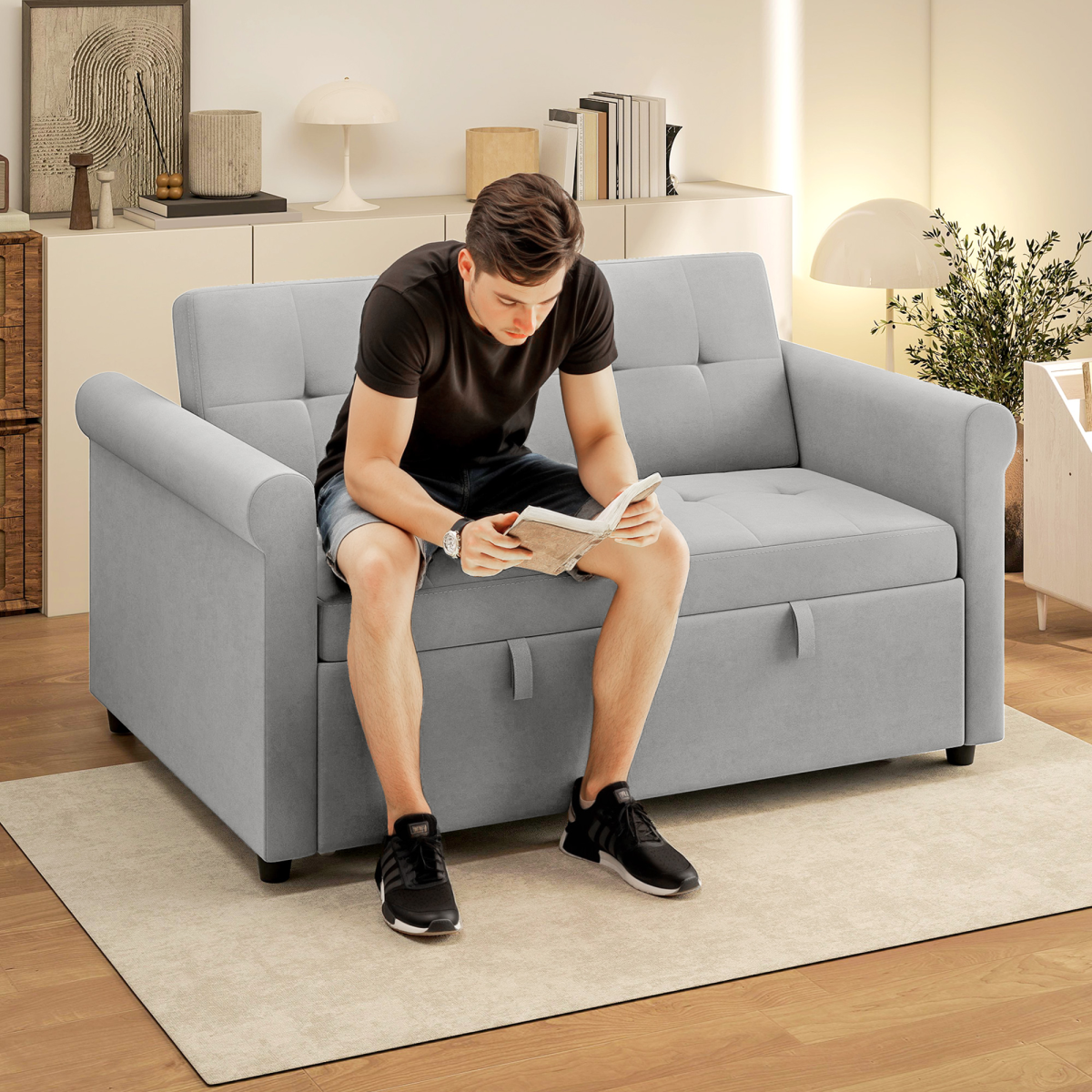 HOMCOM Grey Convertible Pull Out Sleeper Sofa Bed, Two-Seater