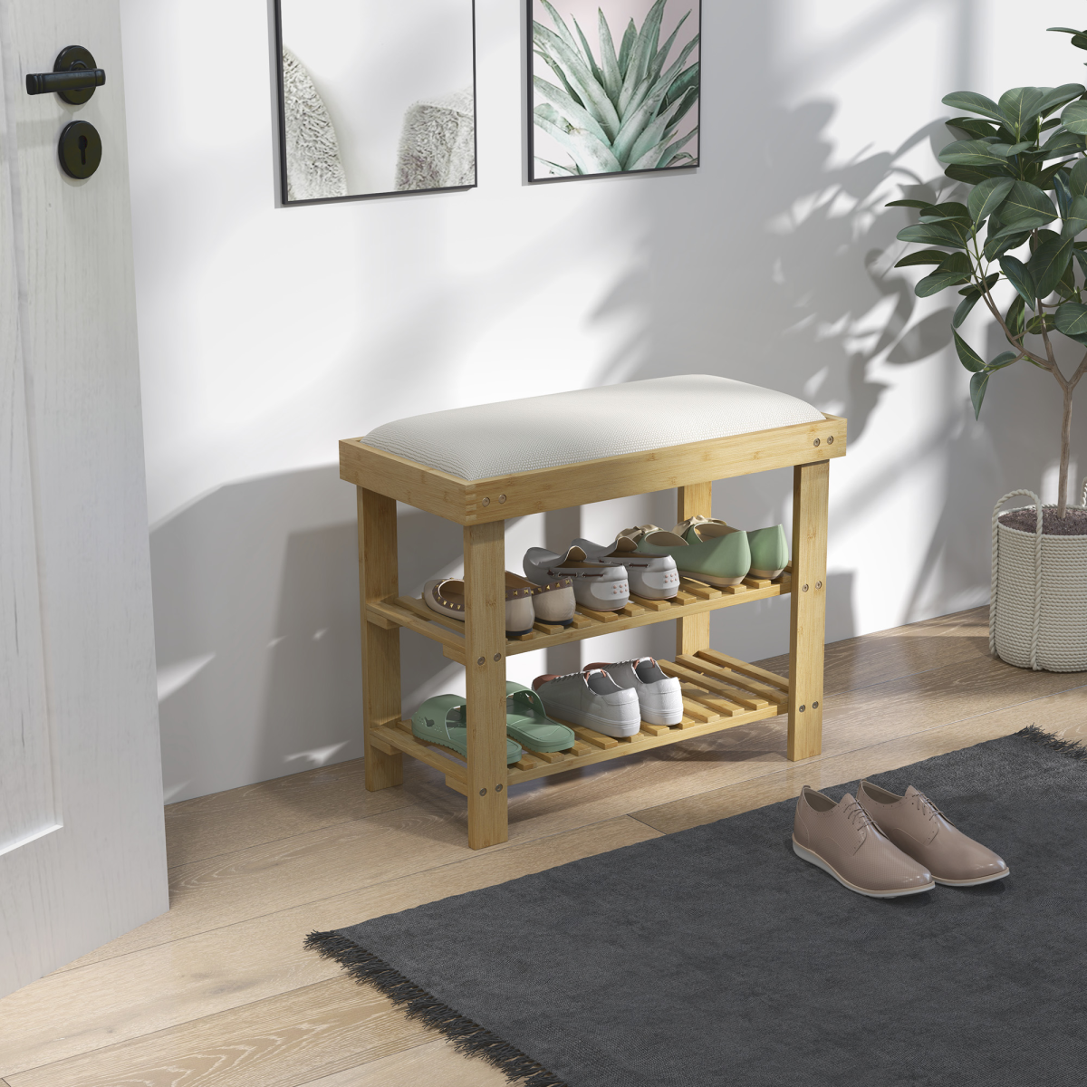 HOMCOM Bamboo 2-Tier Shoe Storage Bench with Cushion, Cream White
