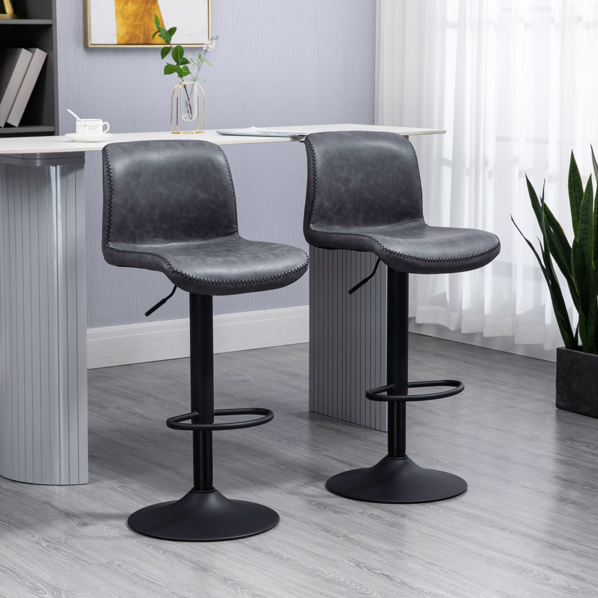 HOMCOM Retro Set of 2 Vintage-Look Faux Leather Adjustable Height Bar Stools