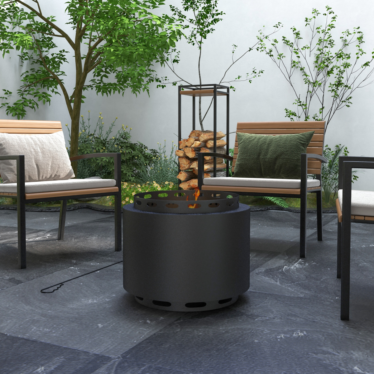 Outsunny 48.5cm Smokeless Wood Burning Fire Pit with Poker, Metal, Black