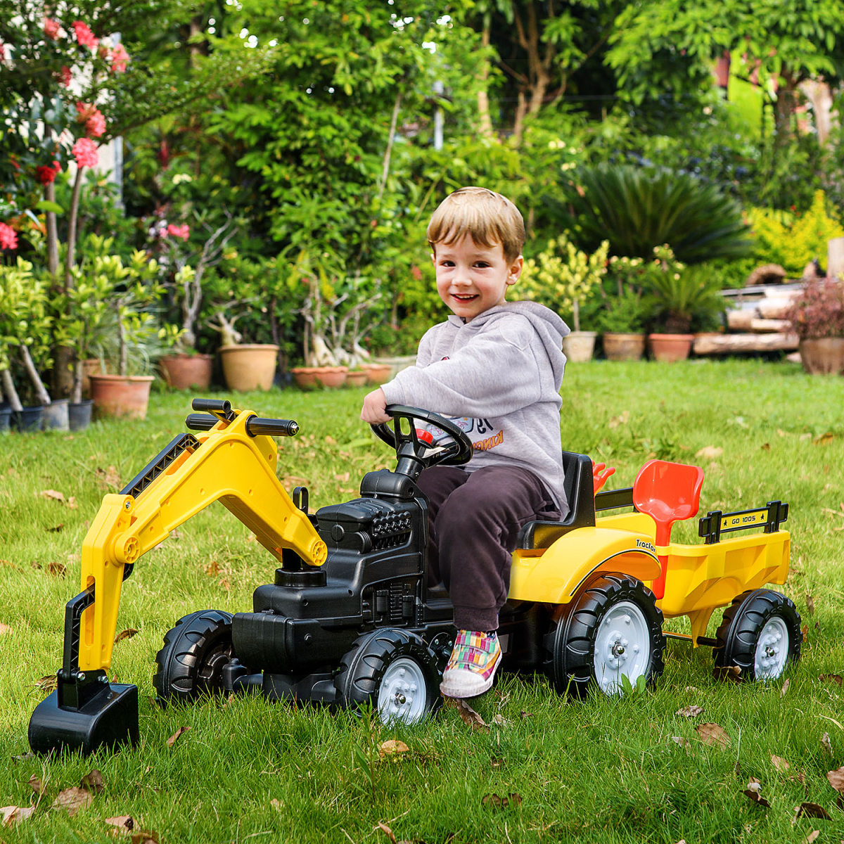 Ride-On Pedal Digger Construction Toy with Horn, Detachable Trailer and Shovel for Kids 3-6 Years