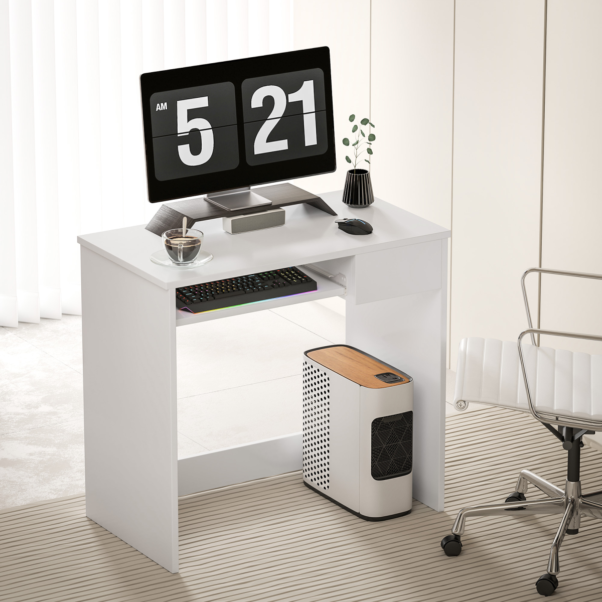 HOMCOM Compact Computer Desk with Keyboard Tray and Drawer, White
