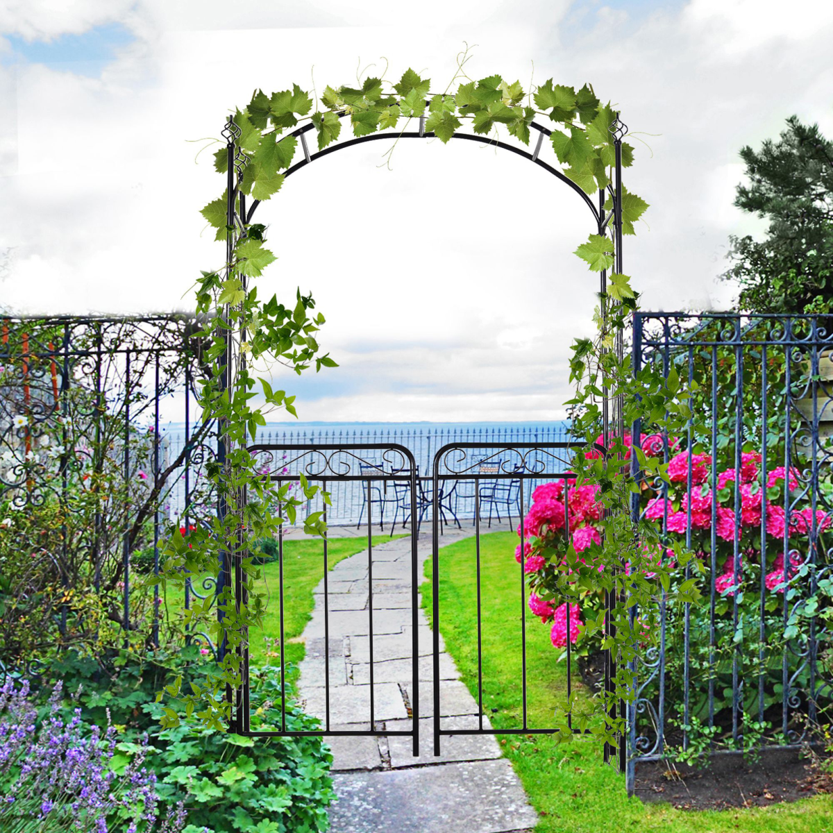 Metal Garden Arch Gate with Trellis for Climbing Plants