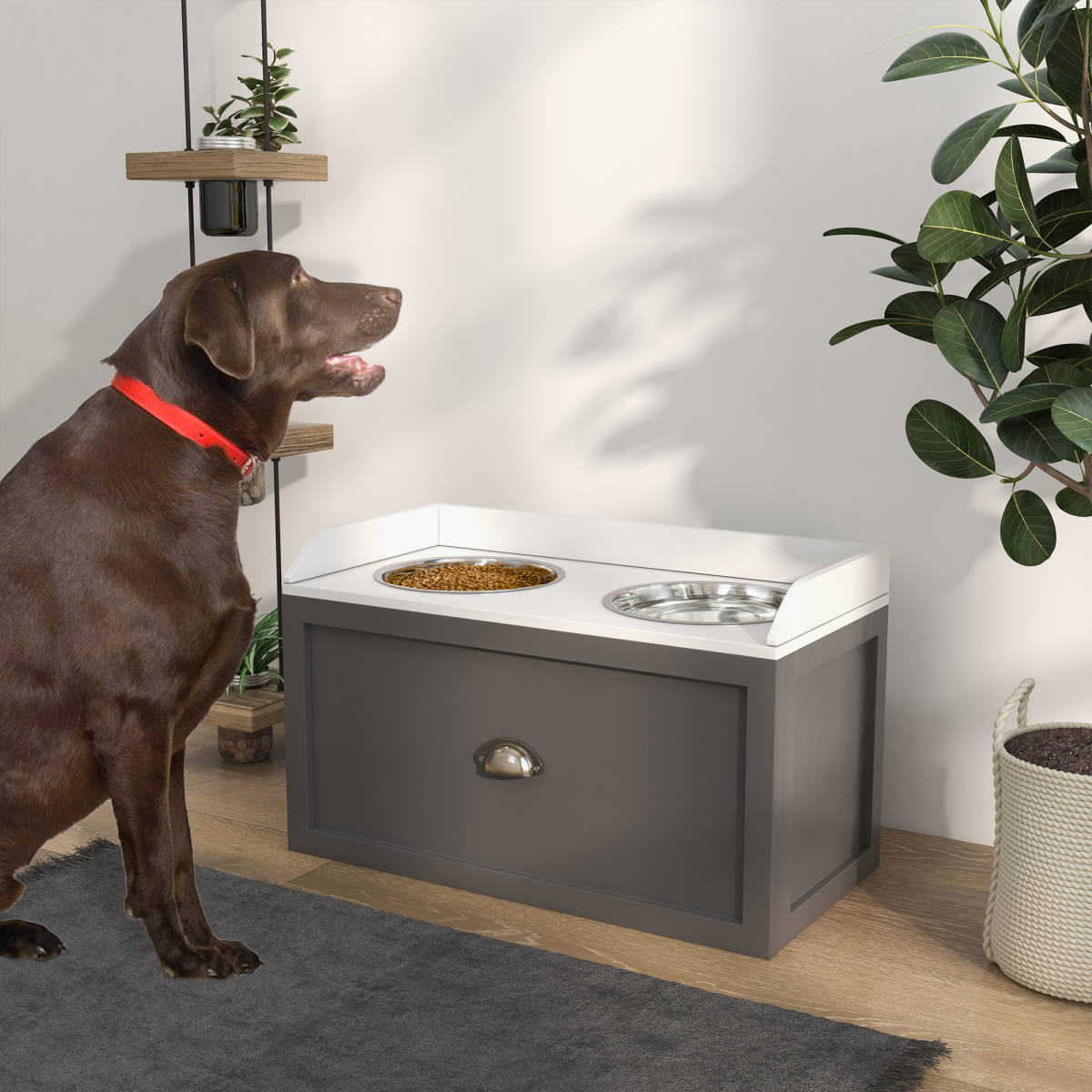 PawHut Stainless Steel Raised Dog Bowl with 21L Storage Drawer, for Large Dogs