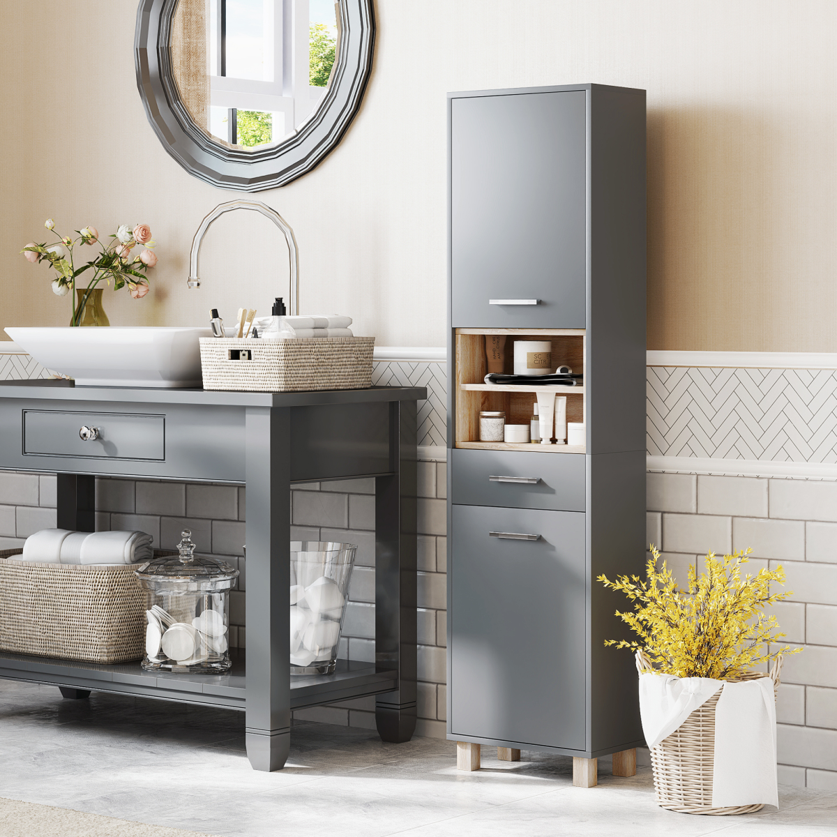 HOMCOM Grey Bathroom Storage Unit with Cabinets, Shelves and Drawer