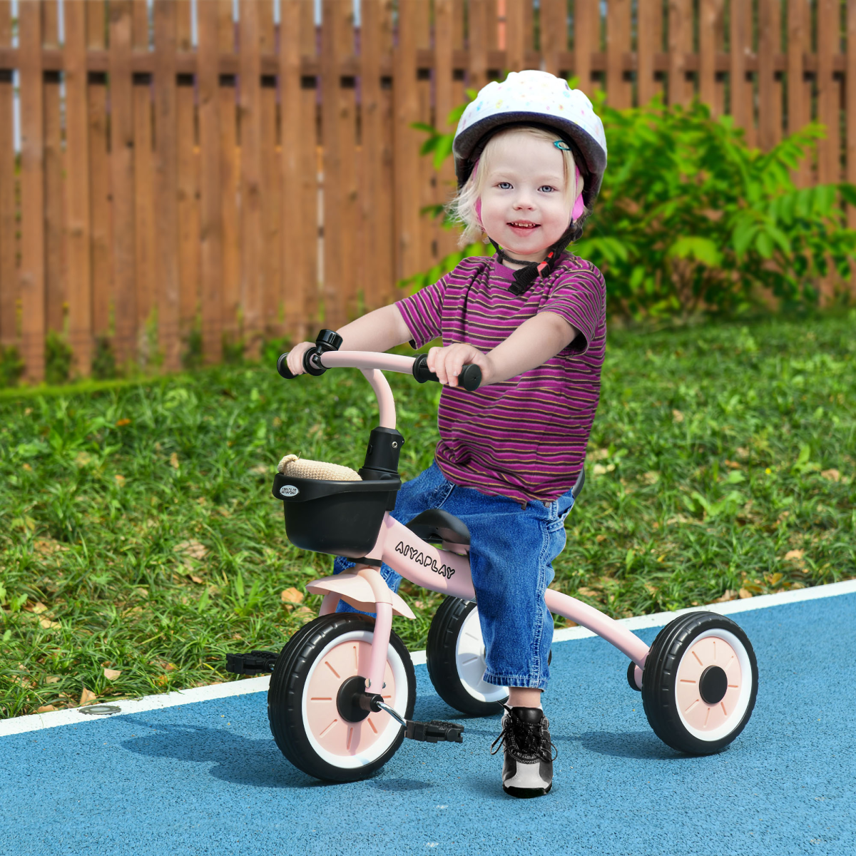 AIYAPLAY Kids Tricycle with Adjustable Seat, Basket & Bell, Pink