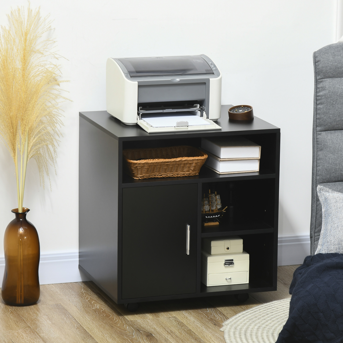 Multi-Storage Printer Unit with 5 Compartments, Adjustable Shelf, Lockable Wheels, Black