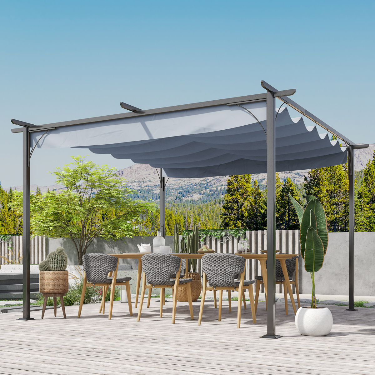 Outsunny 3.5m x 3.5m Metal Pergola Gazebo with Retractable Grey Canopy, Powder-Coated Steel Frame