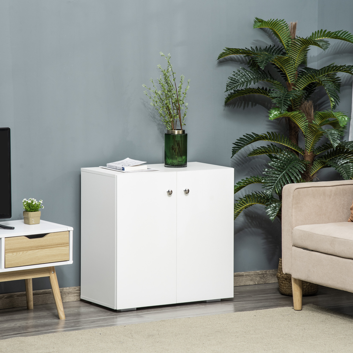 Freestanding Storage Cabinet with 2 Shelves, Wooden Sideboard, White