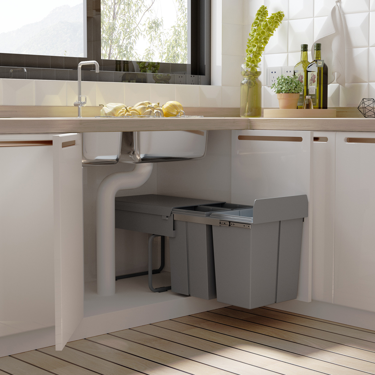 HOMCOM Pull-Out Recycling Waste Bin Cabinet 40L Grey Soft Close