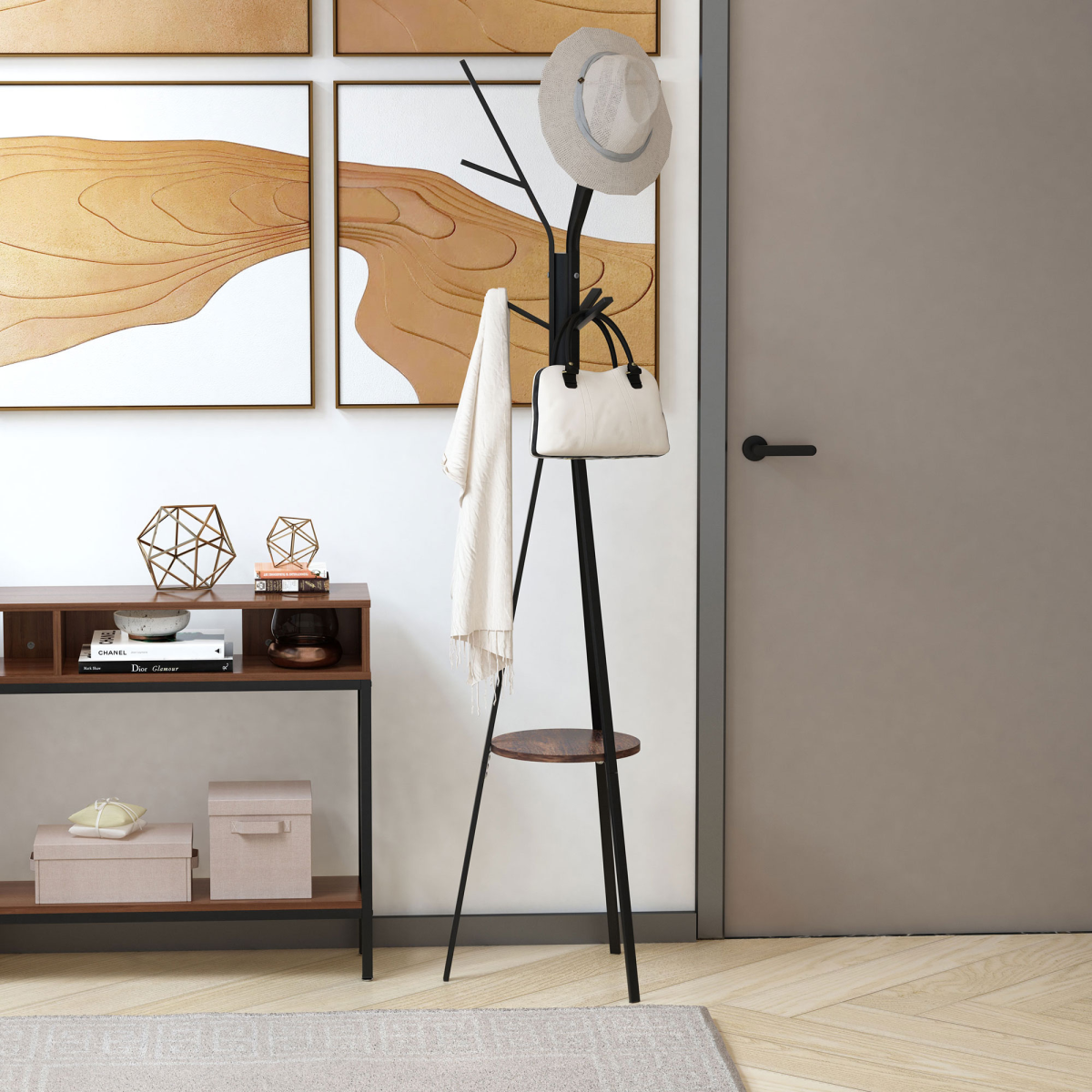 HOMCOM 180cm Freestanding Metal Coat Rack with Shelf, 9 Hooks, Brown