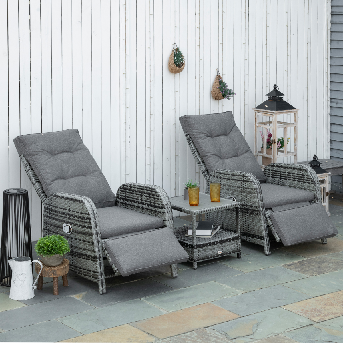 Outsunny 3-Piece Rattan Reclining Garden Lounge Set with Table