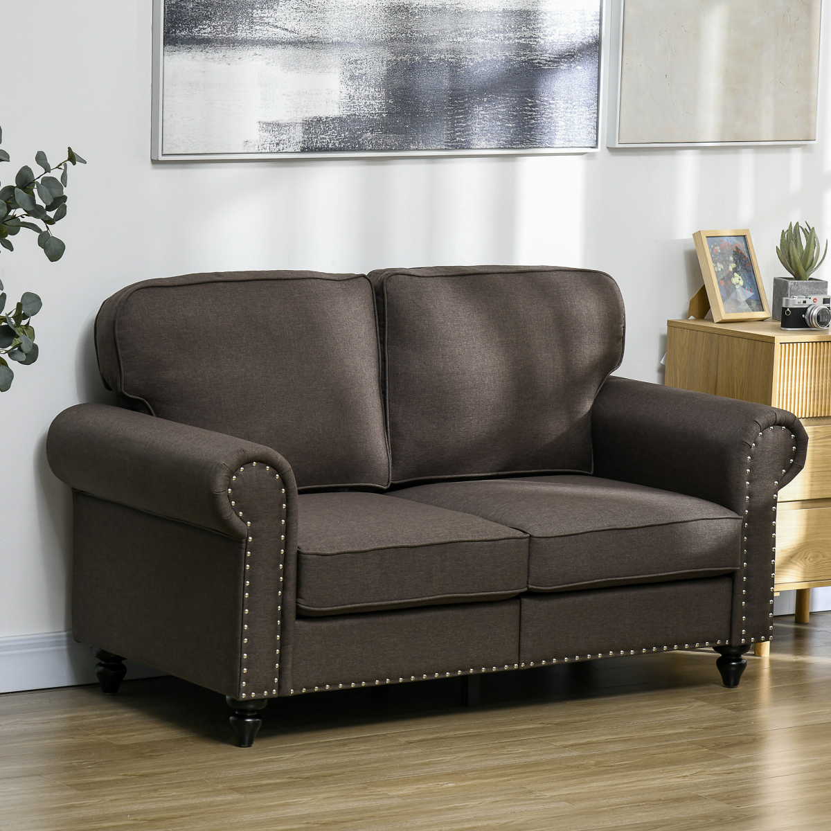 HOMCOM Mid-Century 2 Seater Sofa with Nailhead Trim, Dark Brown
