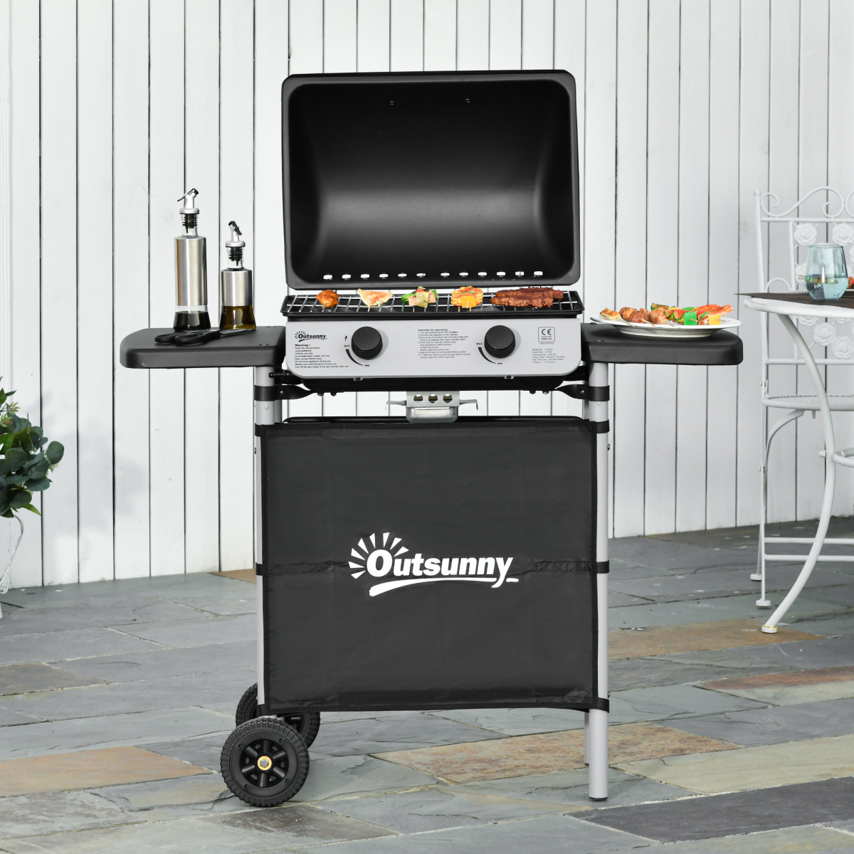 Outsunny 2-Burner Propane Gas BBQ Grill, 5.6 kW, Side Shelves