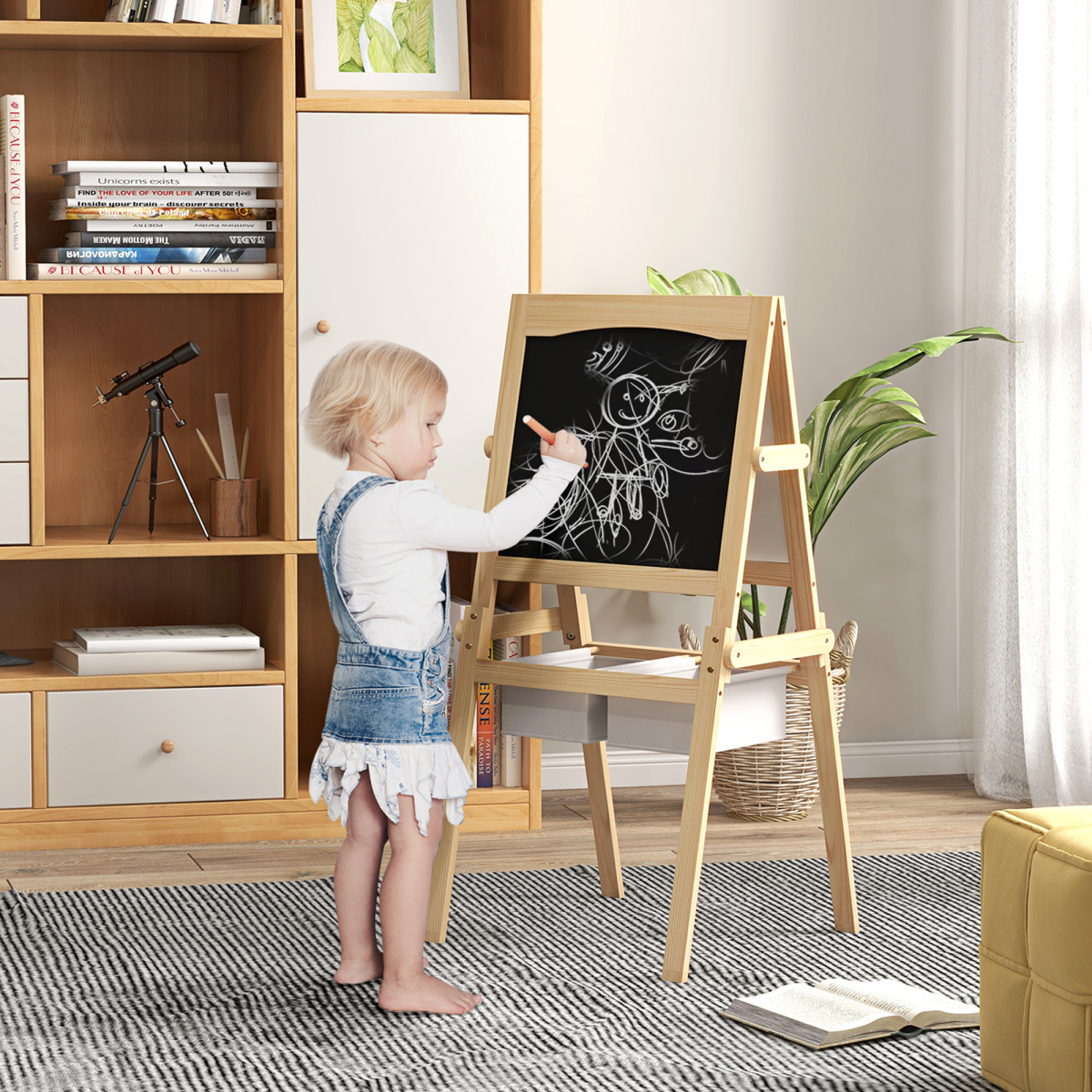 AIYAPLAY 3-in-1 Kids Easel with Paper Roll & Baskets, Natural