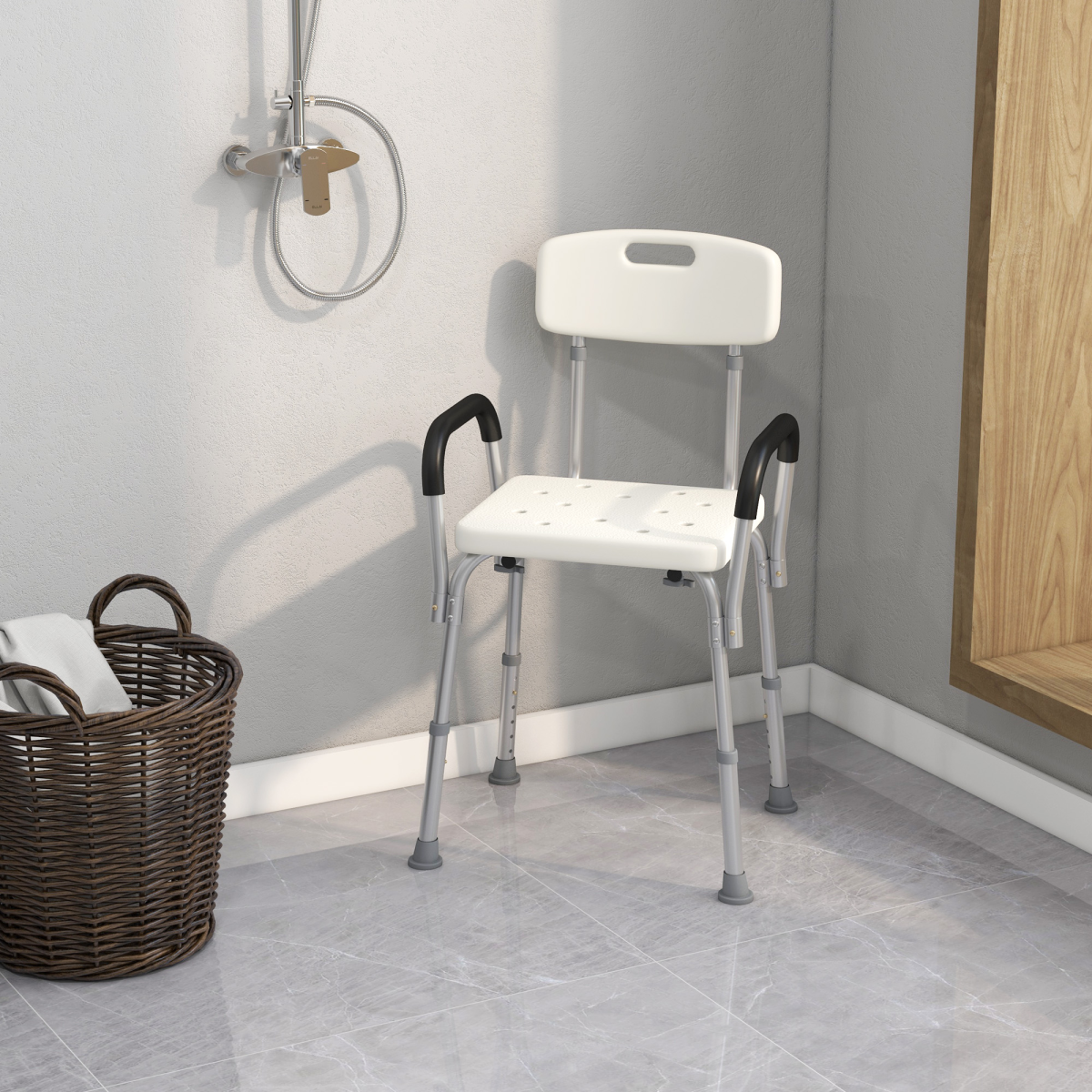 HOMCOM Height Adjustable Aluminum Shower Chair with Removable Back Support, Padded Armrests, Padded Handles, Non-Slip Tips, 135kg Capacity