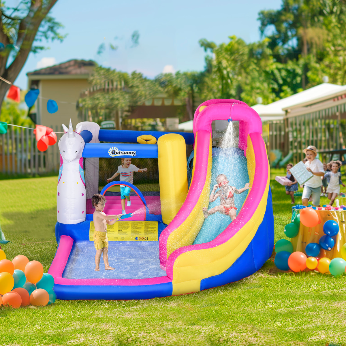 Outsunny 5-in-1 Bouncy Castle Inflatable Play Centre with Blower, Slide, Pool, Trampoline, Climbing Wall and Basketball Hoop, for Ages 3-8 Years