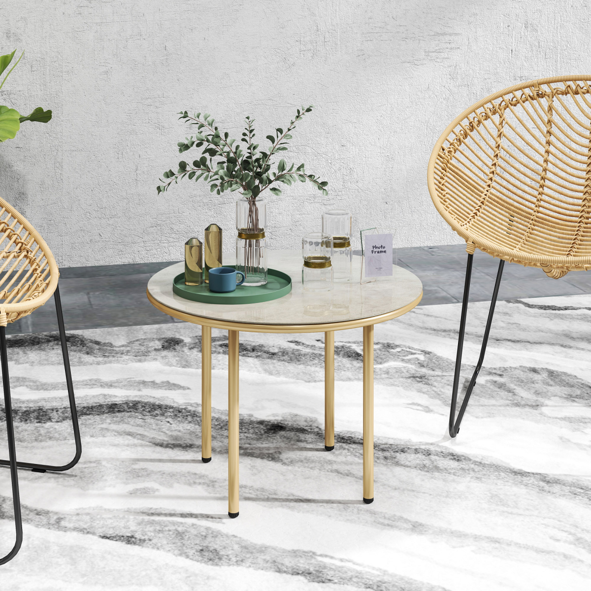 Outsunny Round Garden Table with Faux Marble Tempered Glass Top, Beige