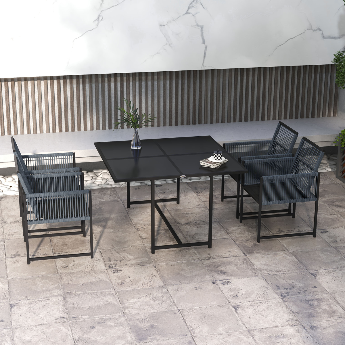 Outsunny 5 Piece Patio Dining Set with 4 Chairs and Tempered Glass Table, Dark Grey