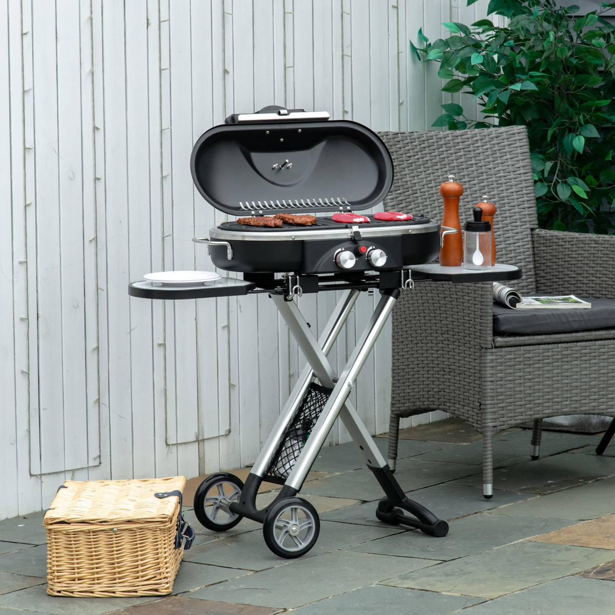 Outsunny Foldable 2 Burner Gas BBQ Grill Trolley with Side Shelves and Thermometer