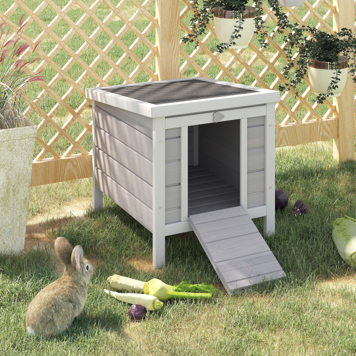 Wooden Rabbit Hutch Outdoor Pet Habitat with Openable Asphalt Roof, Elevated Floor and Ramp Door