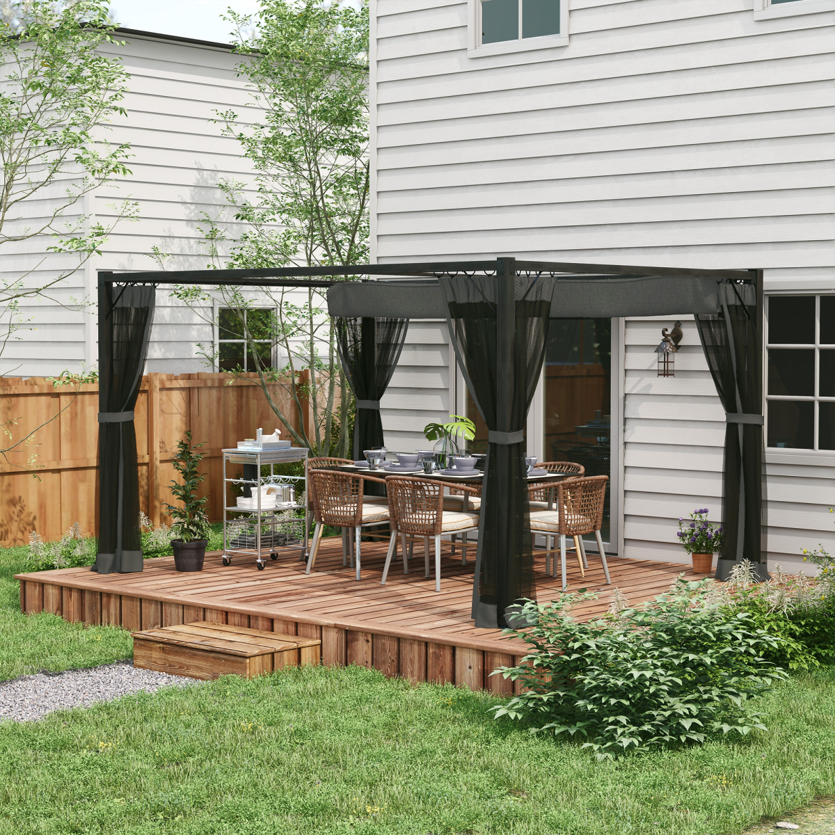 Outsunny 3 x 4m Dark Grey Pergola with Retractable Roof, Net Curtains and Aluminium Frame