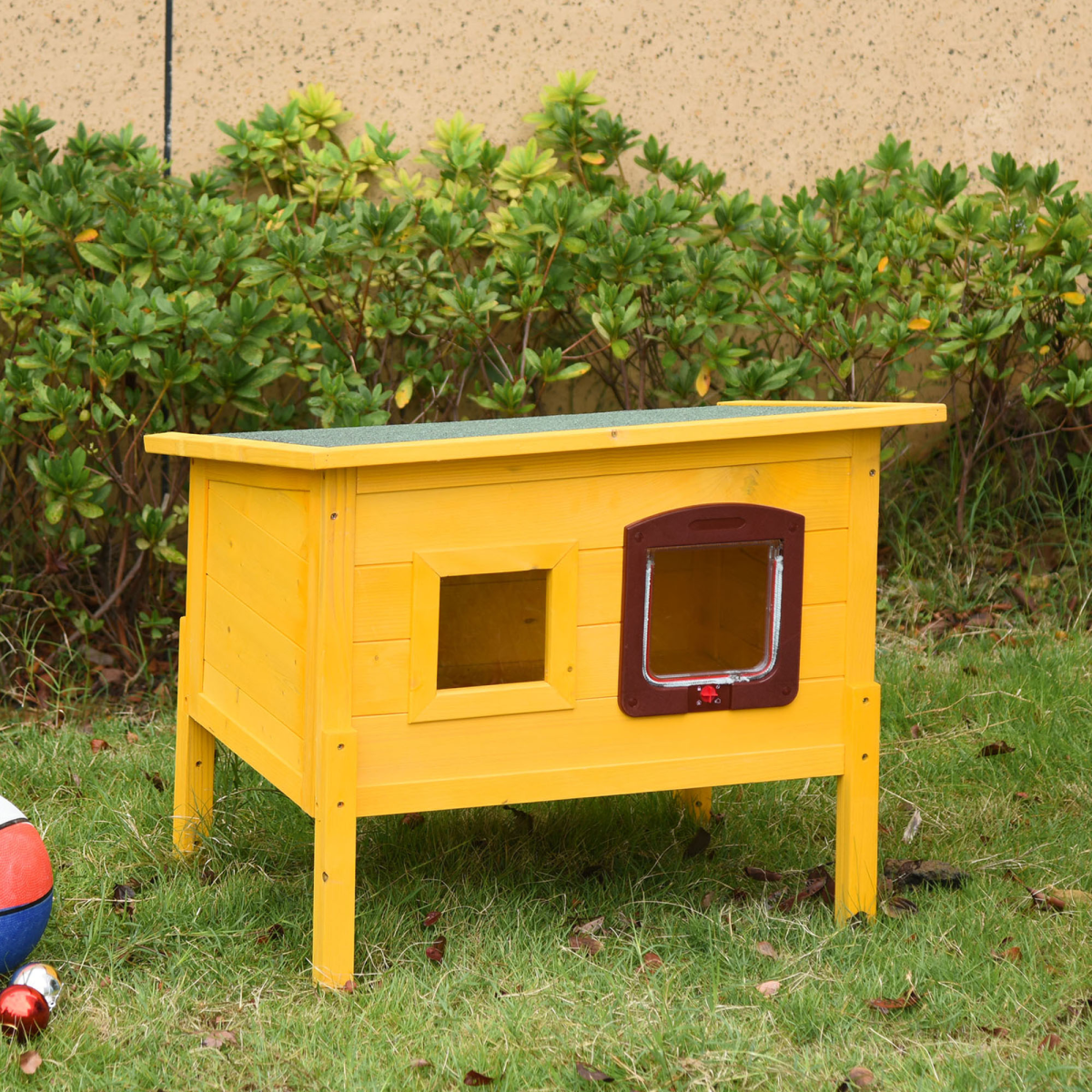Wooden Outdoor Cat House with Openable Roof, Waterproof Asphalt Roof, Transparent Window, Lockable Door, Detachable Legs, Solid Fir Wood Frame