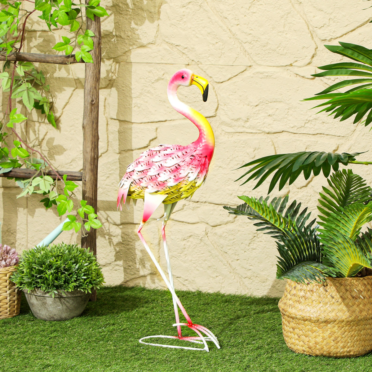 Outsunny Metal Flamingo Garden Ornament with Stakes