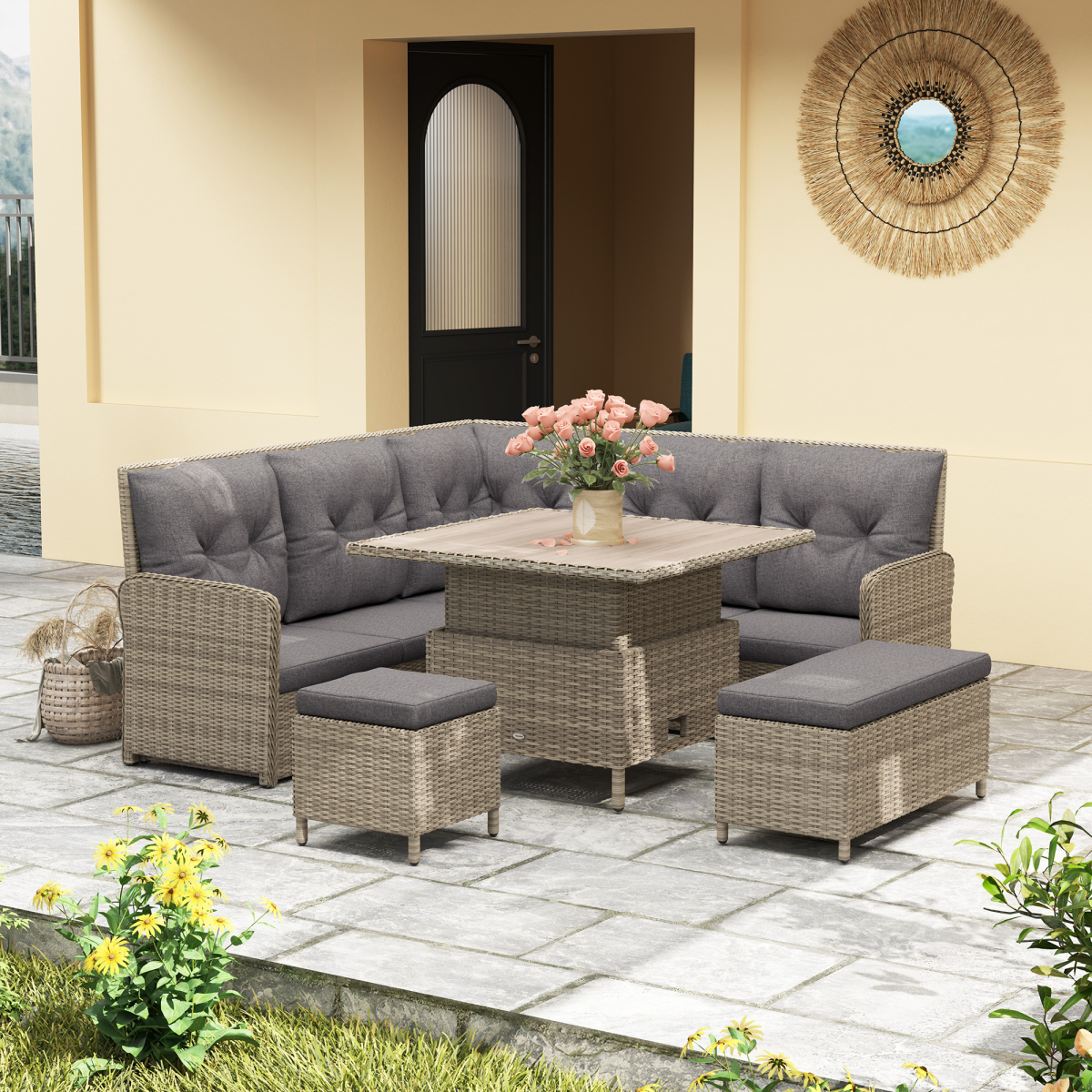Outsunny 6-Piece Rattan Garden Corner Sofa Set, Light Grey