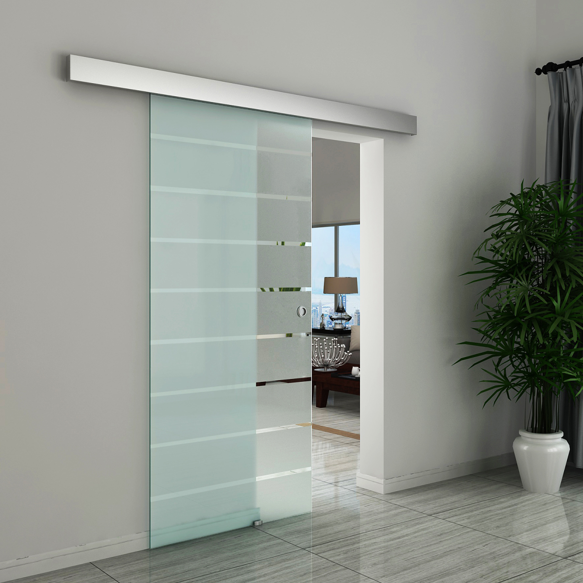 HOMCOM CE Certified Tempered Glass Sliding Barn Door Kit with Aluminum Alloy Rail, Frosted Stripe Design
