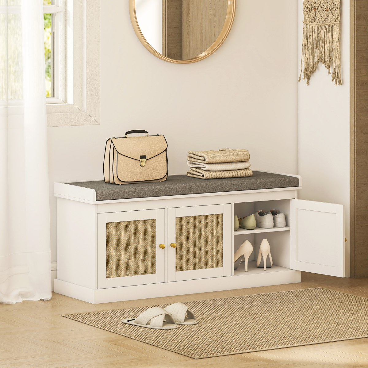 HOMCOM Shoe Storage Bench with Rattan Doors and Cushion