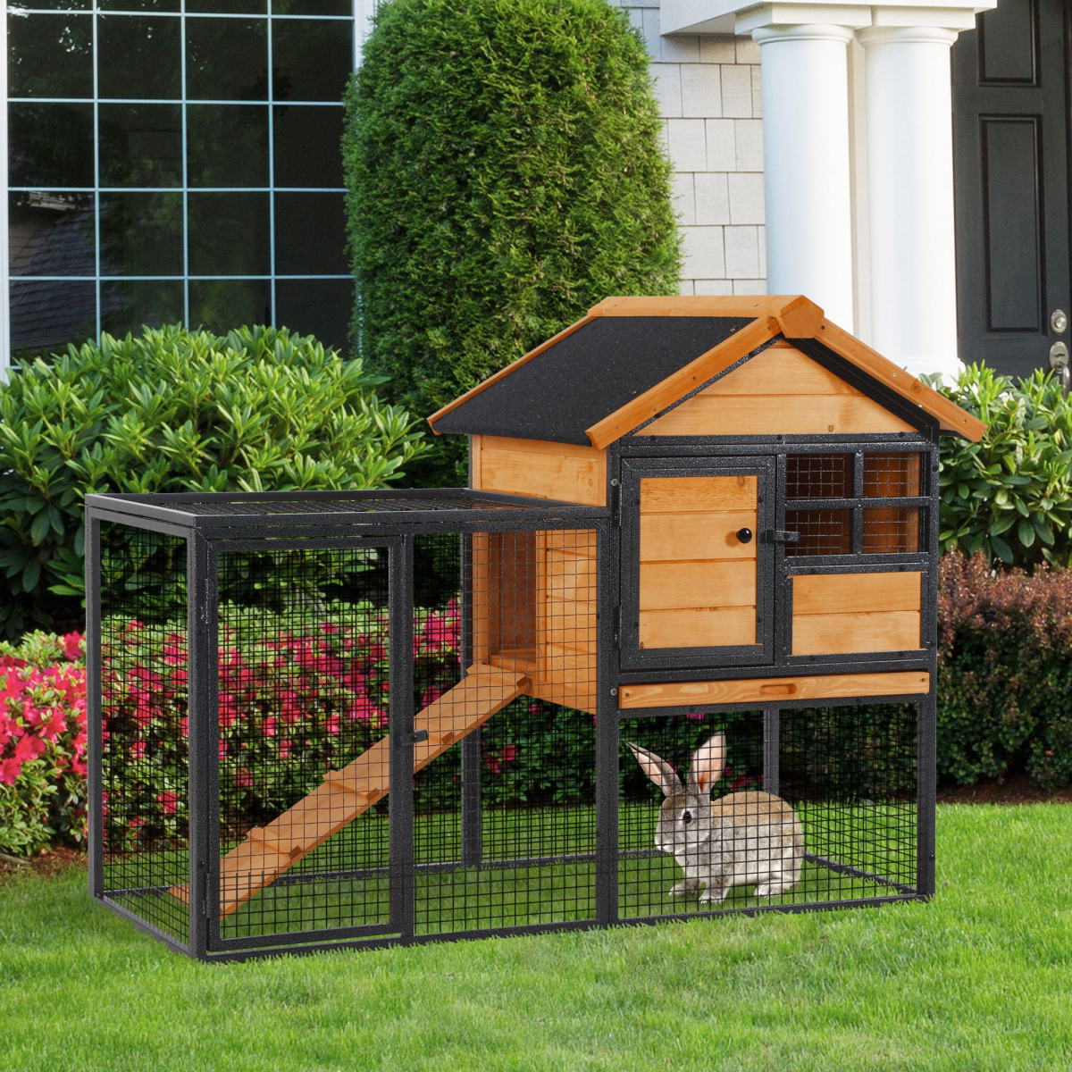 PawHut Outdoor Wooden Metal Rabbit Hutch with Run, 122 x 63 x 92cm