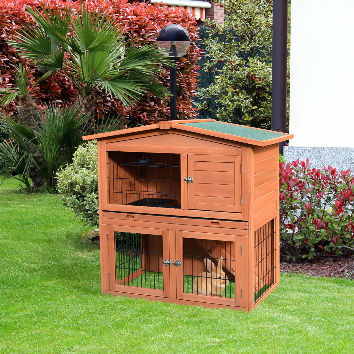 PawHut A-Frame Wooden Rabbit Hutch, 2-Storey Small Animal House with Large Run Area, Removable Divider, Ramp, and Slide-Out Tray