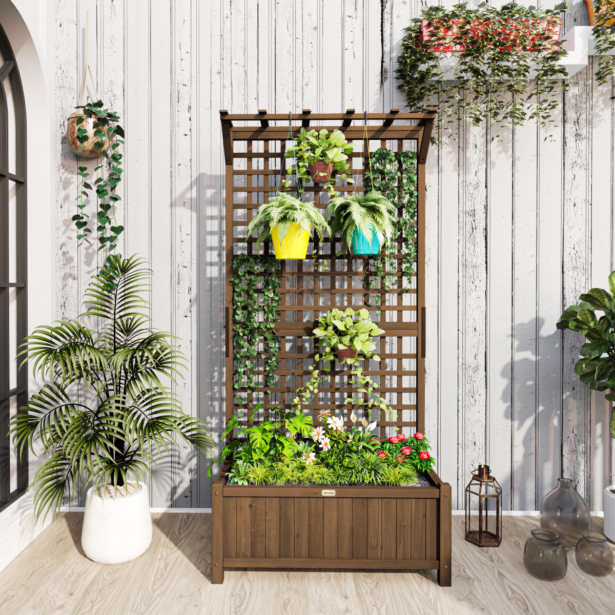 Outsunny Wooden Raised Garden Bed with Trellis and Drain Holes