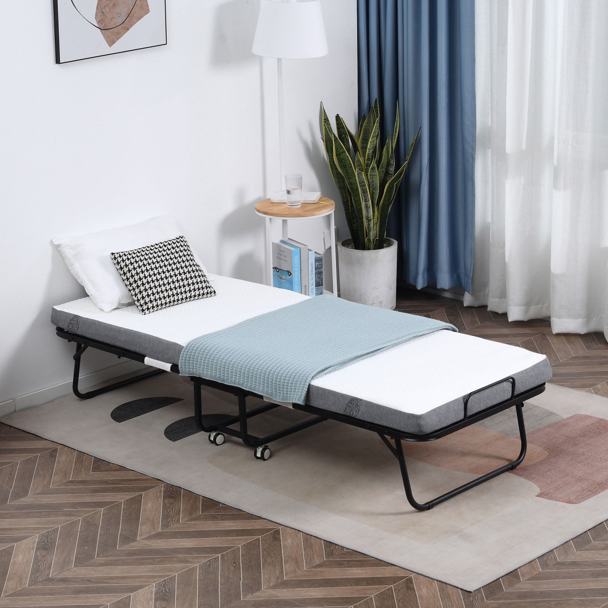 HOMCOM Folding Bed with 10cm Mattress, Portable Foldable Guest Bed, Metal Frame, 4 Wheels, 150kg Max Load