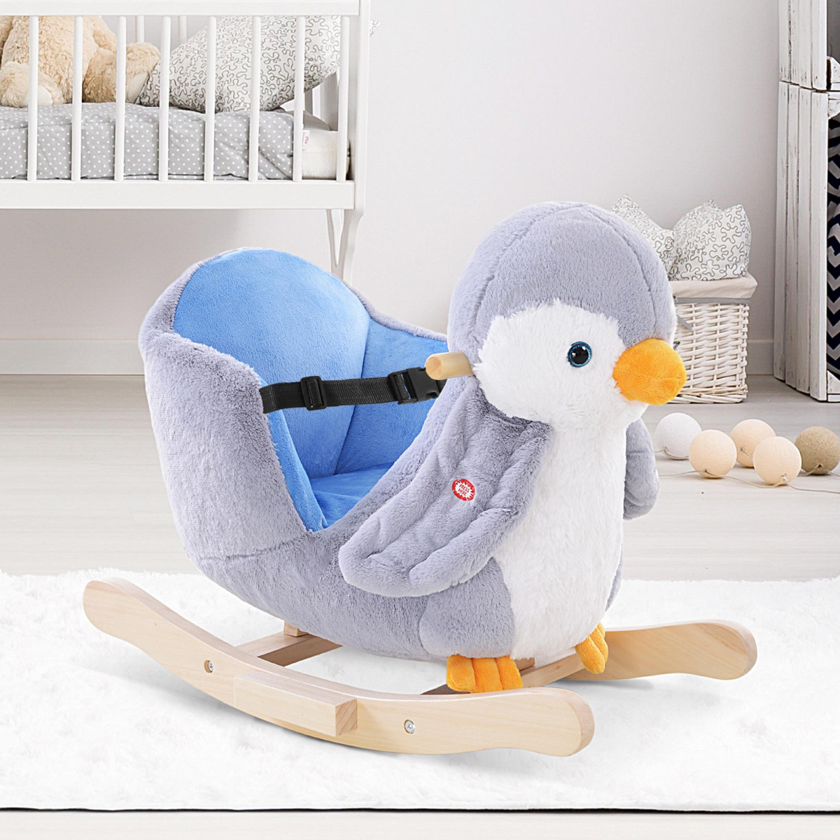 HOMCOM Penguin Plush Musical Rocking Horse, 32 Songs, Wood