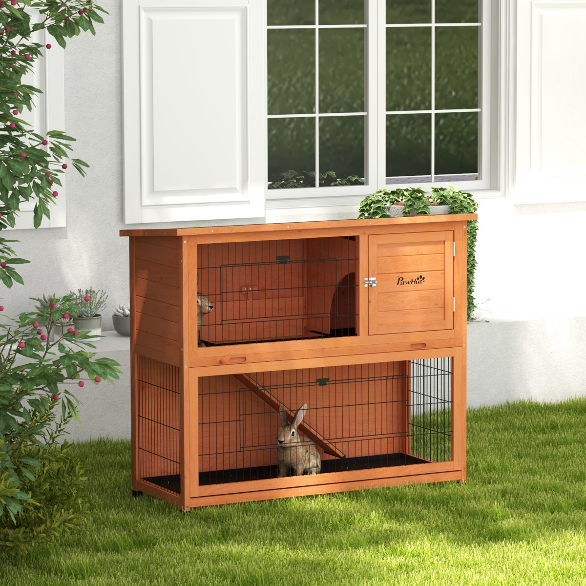 PawHut Wooden Outdoor Rabbit Hutch for 1-2 Rabbits, Antiseptic Fir Wood, Steel Wire, Orange