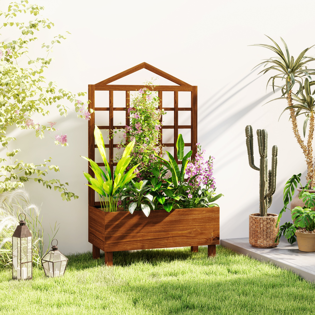 Outsunny Wooden Garden Planter Box with Trellis, Brown
