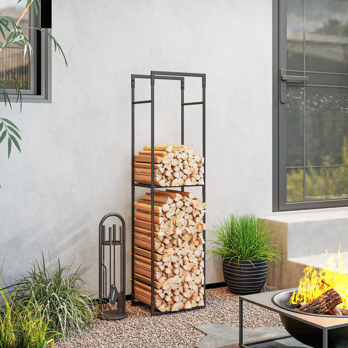 Outsunny Metal Firewood Rack with Adjustable Shelf, Black